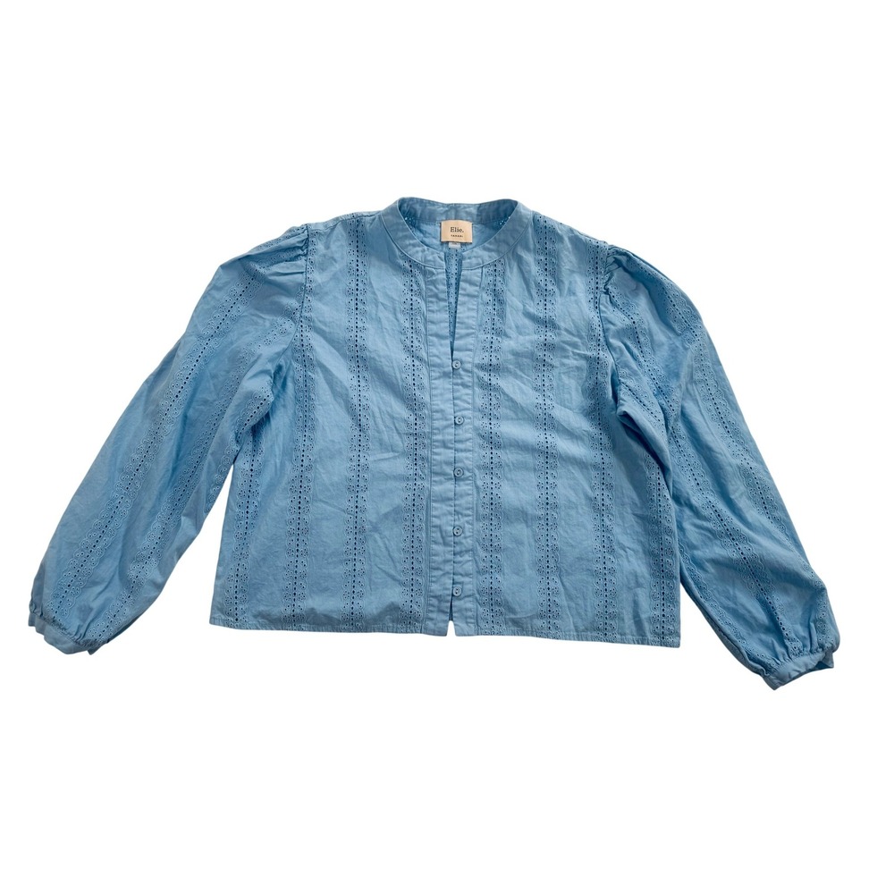 Elie Tahari SkyBlue Punching Eyelet Cotton Button Up Blouse Top Puff Sleeve Sz L - Picture 2 of 7